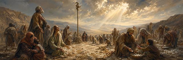 Travelers receive healing as they look toward a bronze serpent and gather manna beneath a softly glowing sky